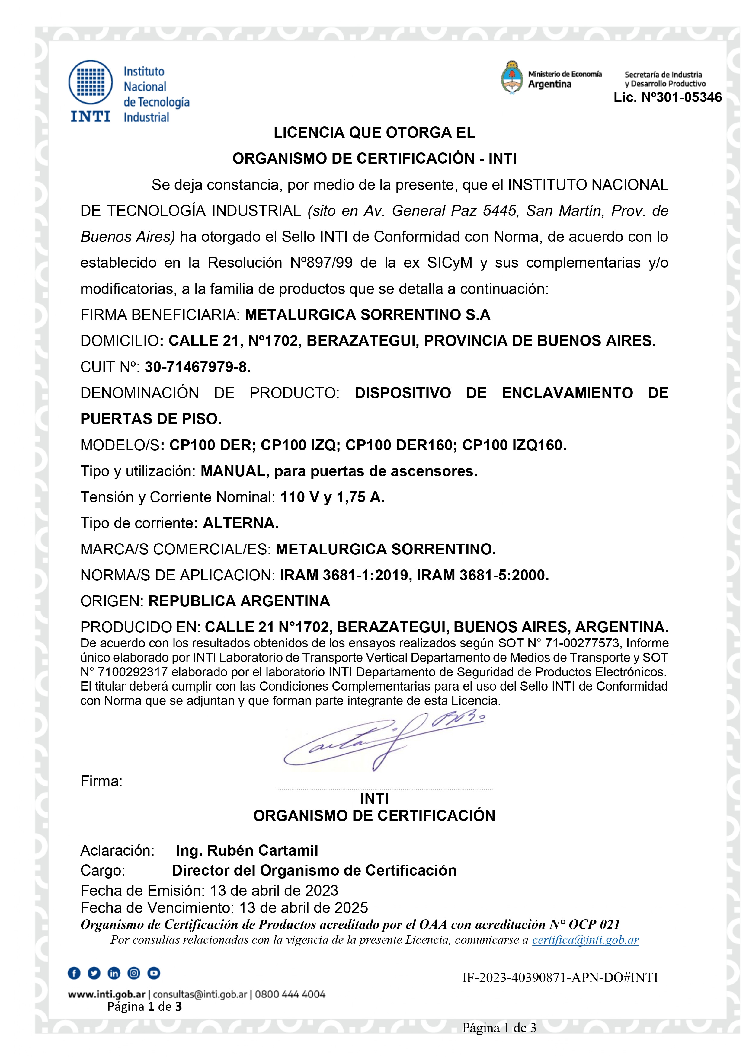 Imagen ilustrativa de CERTIFICADO DE CONFORMIDAD INTI